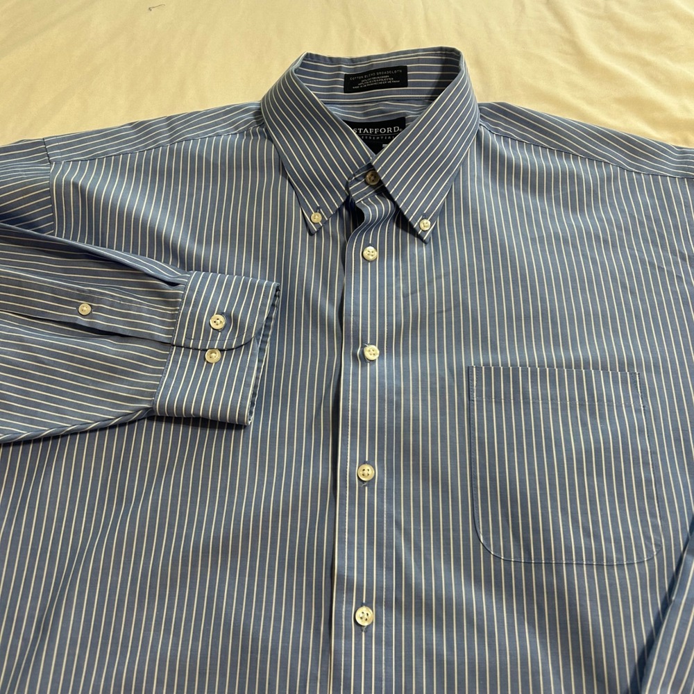 Stafford Essentials Mens Blue White Striped Button Down Blazer Shirt 18 34-35